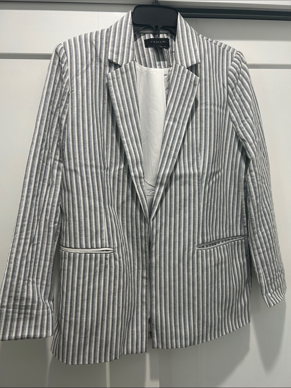 Tahari Gray, White and Blue Striped Blazer